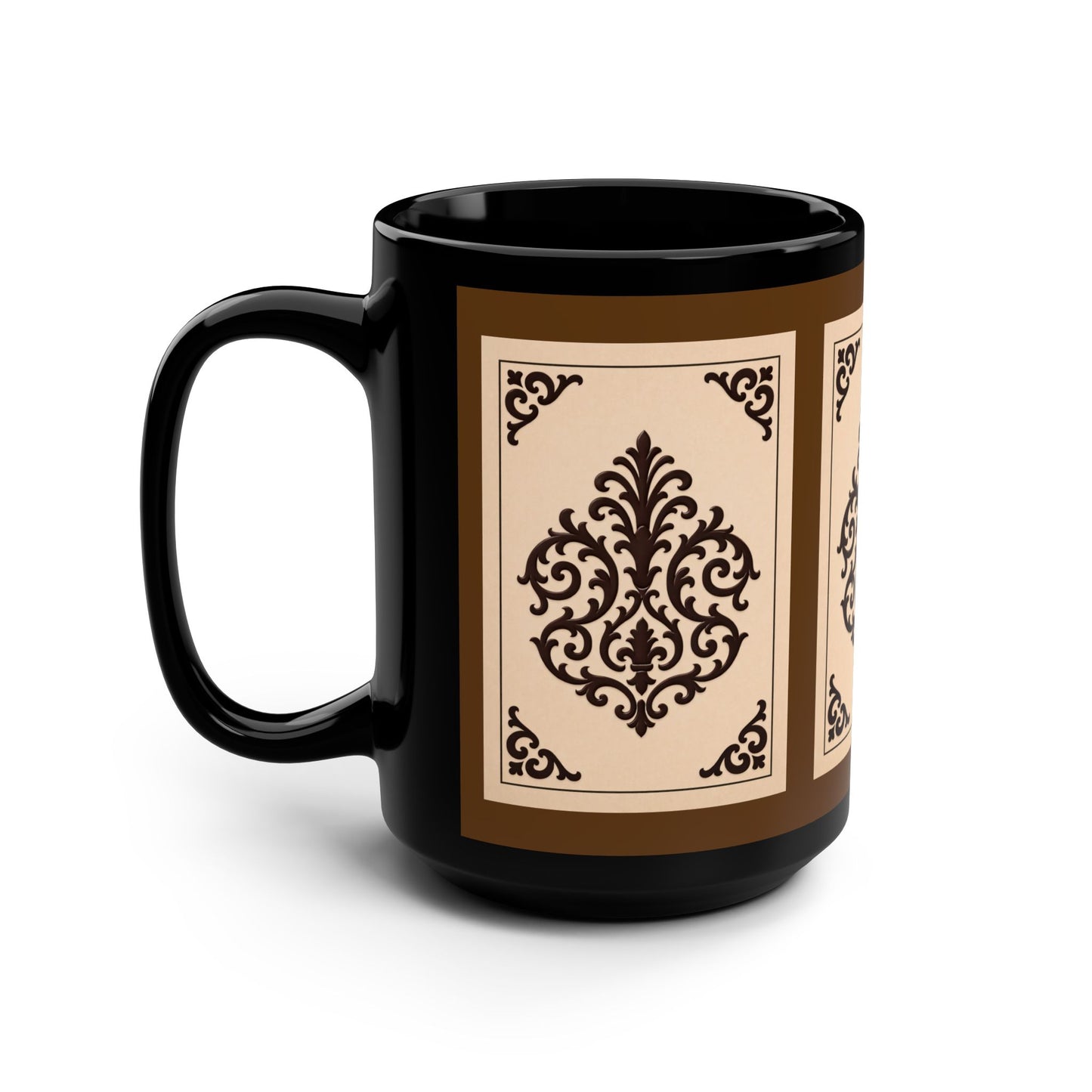 Almond-Beige & Brown Baroque Black Ceramic Mug — 15oz Vintage Brown Pattern Coffee Cup - Black
