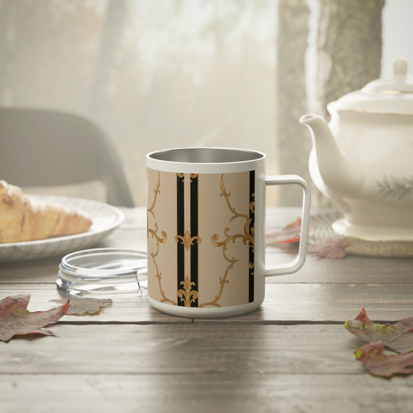 Stylish Insulated Coffee Mug - Elegant Black & Gold Design, 10oz Travel Mug for Coffee Lovers, Gift Idea - Black & Beige Striped Damask