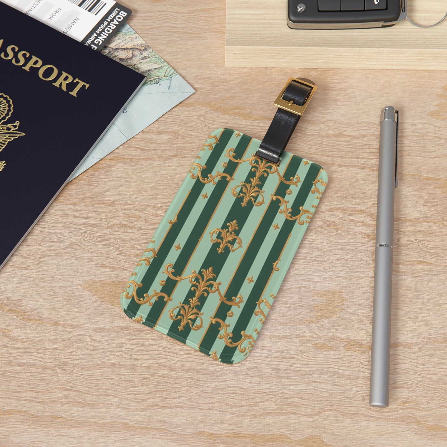 Chic Travel Luggage Tag with Elegant Stripes, Personalized Travel Accessory for Trendsetters - Mint Green & Teal Striped Gold Baroque