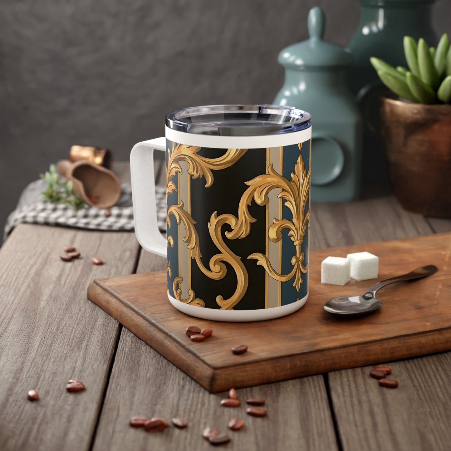 Elegant Insulated Coffee Mug, 10oz | Decorative Mug for Home & Office, Unique Gift for Coffee Lovers - Blue & Black Striped Rococo