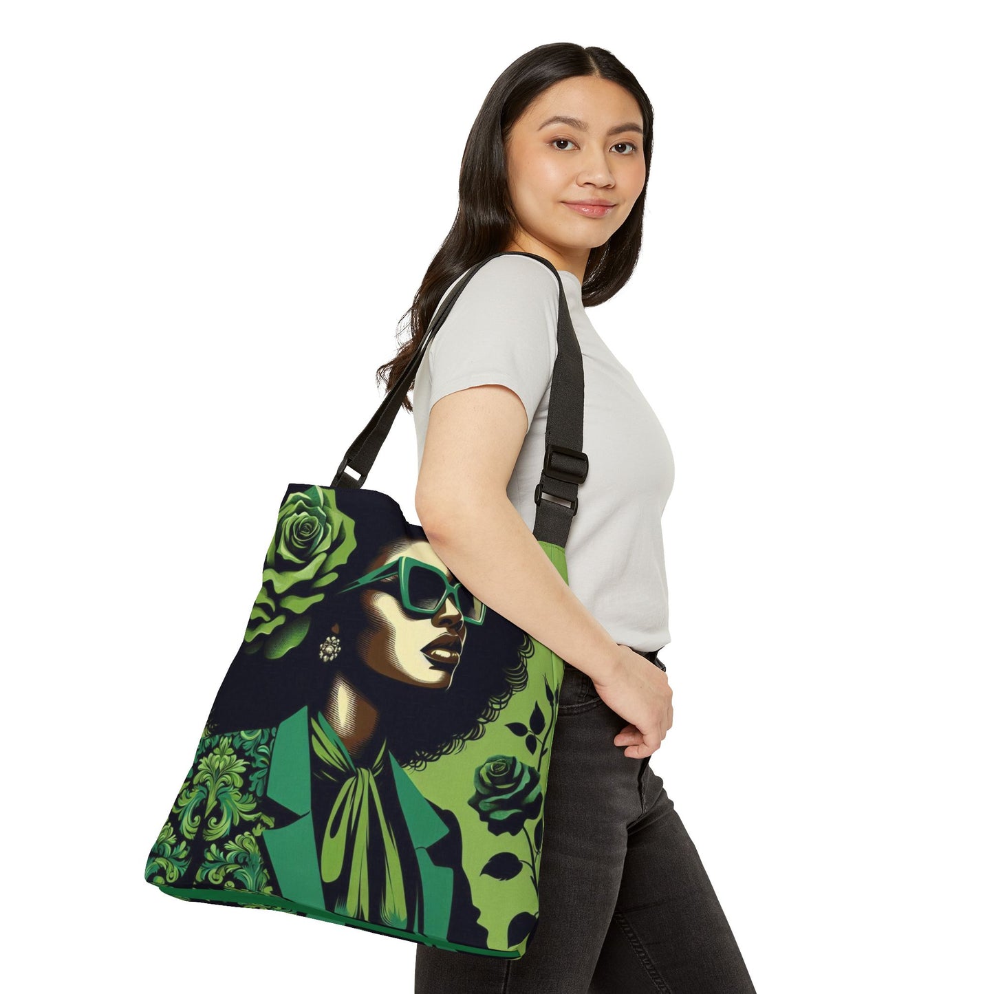 Chic Adjustable Tote Bag with Floral Design | Eco-Friendly Carryall for Everyday Use, Shopping, Travel, or Events - Lady in Green Damask