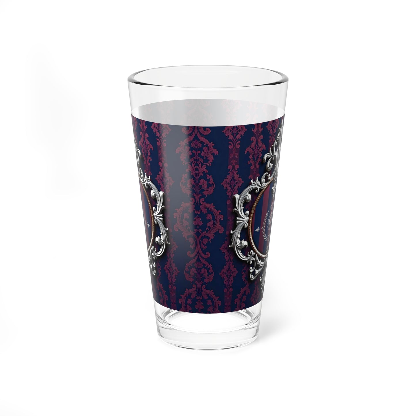 Elegant Mixing Glass, Vintage Inspired Barware, 16oz Cocktail Glass, Perfect for Parties, Home Bars, and Gifts - Blue & Plum Striped Silver Crest