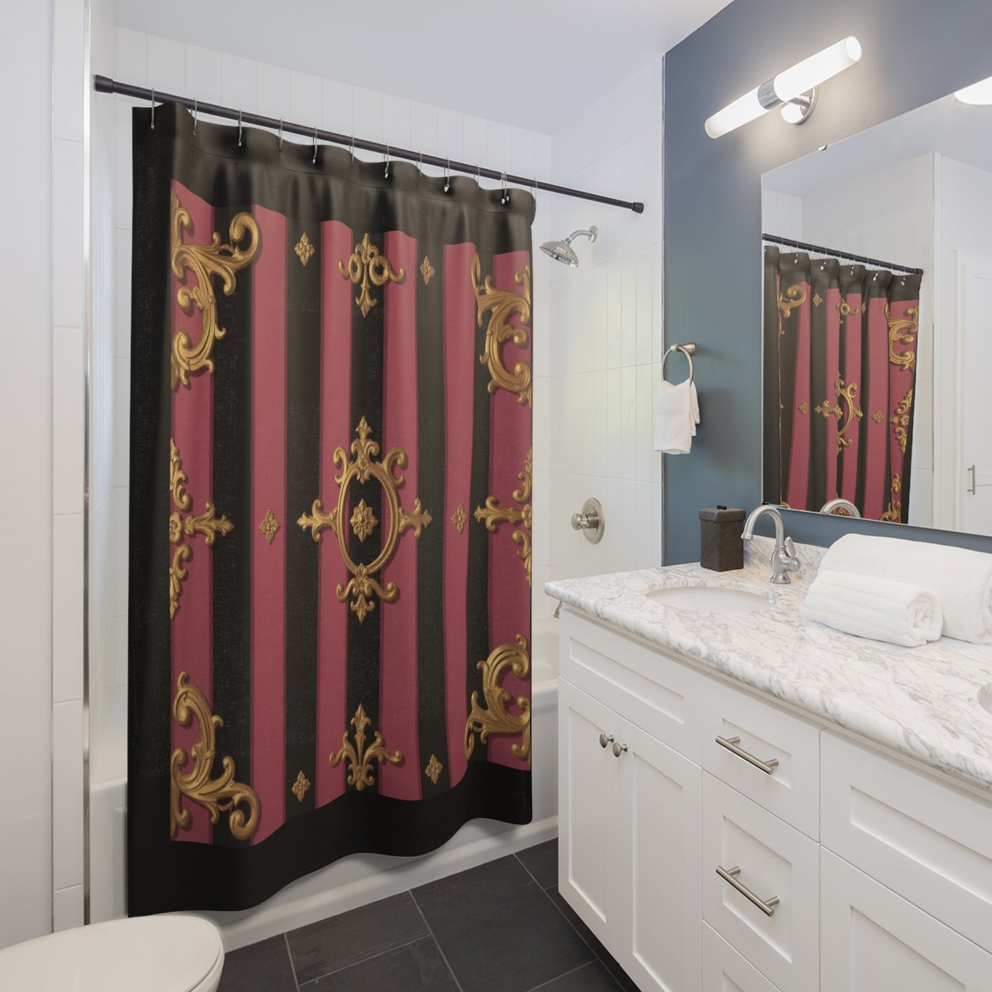 Luxurious Black & Mauve Striped Gold Baroque Shower Curtain, Bathroom Decor, Elegant Home Accents, Gothic Style, Gift for Her