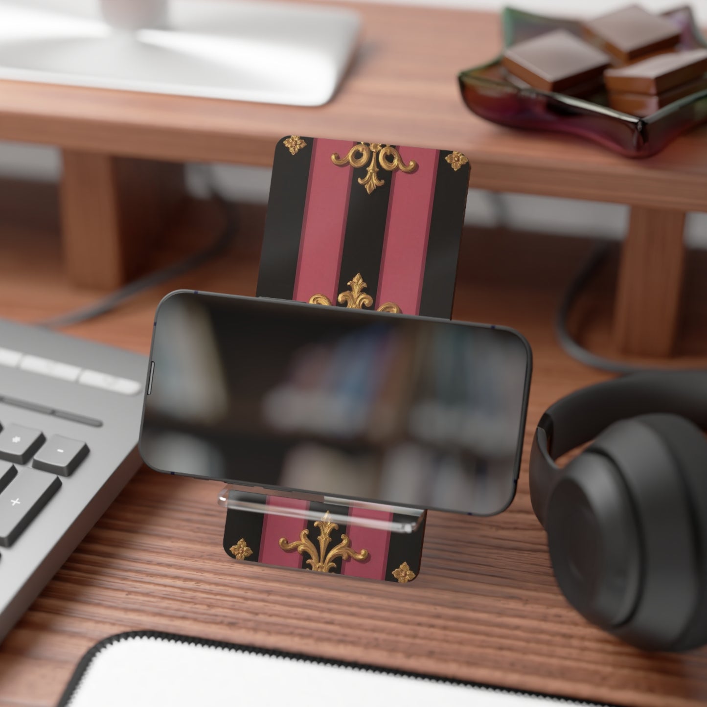 Elegant Black & Mauve Striped Gold Baroque Mobile Display Stand for Smartphones, Decorative Phone Holder, Desk Organizer Gift, Office Accessory