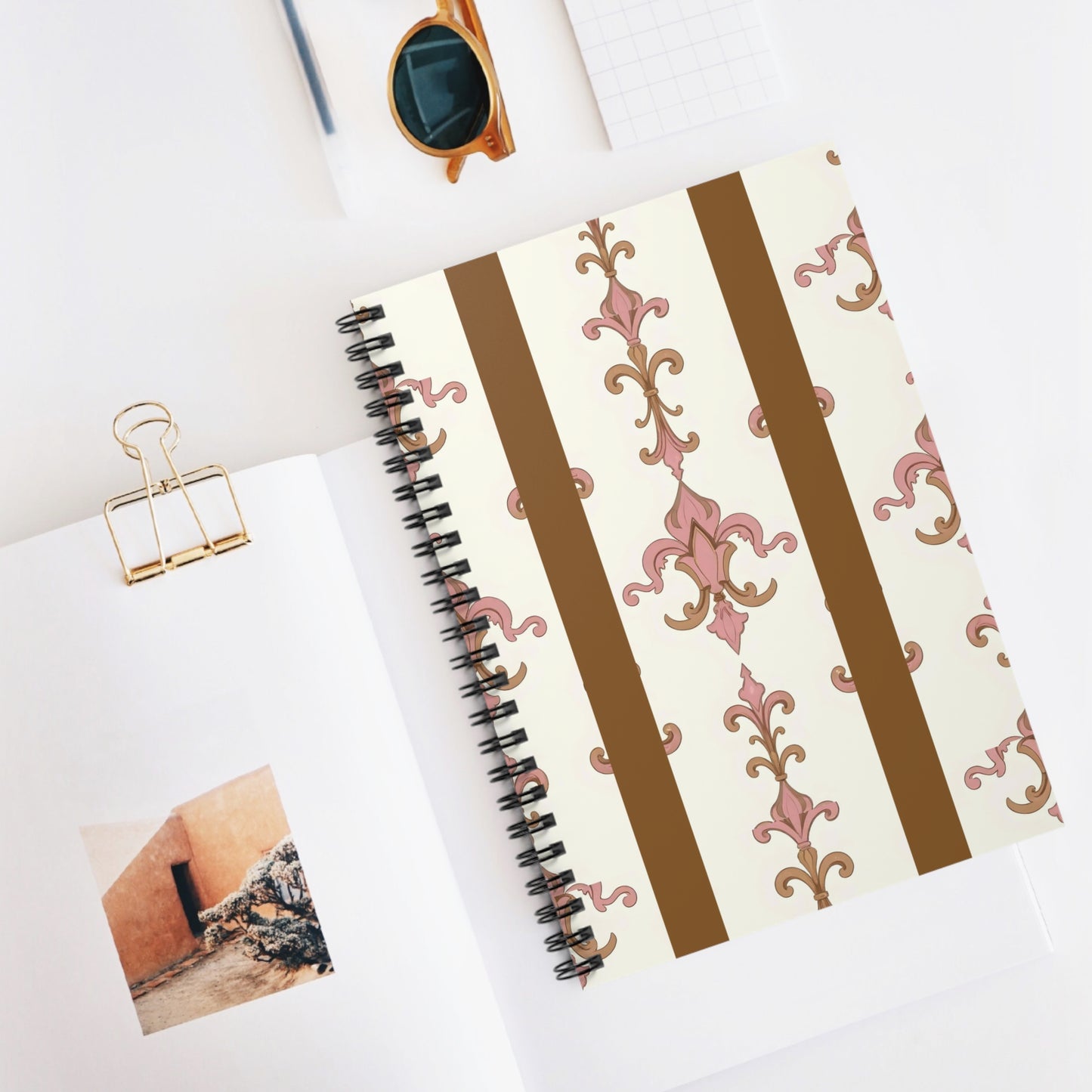 Elegant Floral Spiral Notebook - Ruled Lines, Journaling, Note Taking, Gift, Stationery, School Supplies - Brown Striped Pink Arabesque