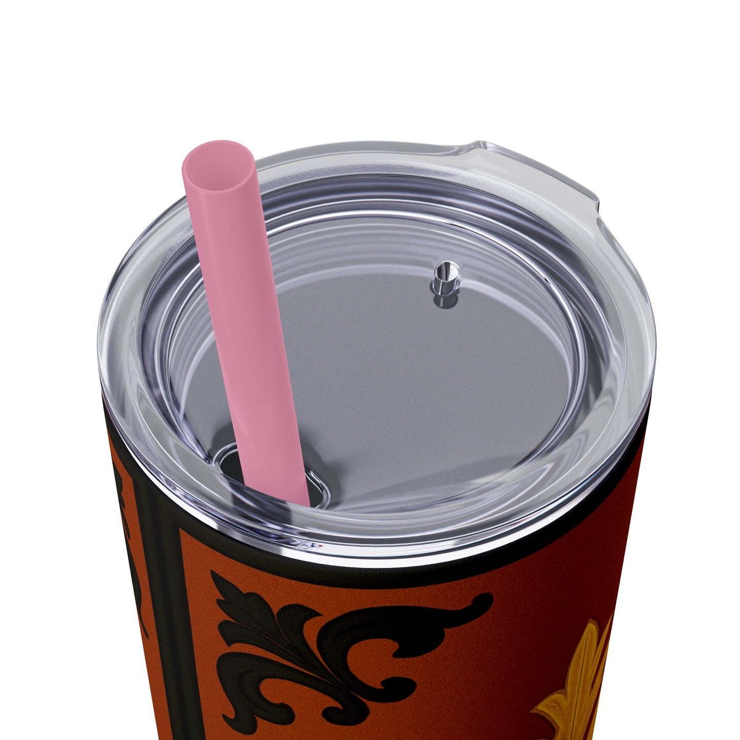 Dusk Terracotta Baroque 20oz Skinny Tumbler with Straw — Vintage Gold Baroque Design