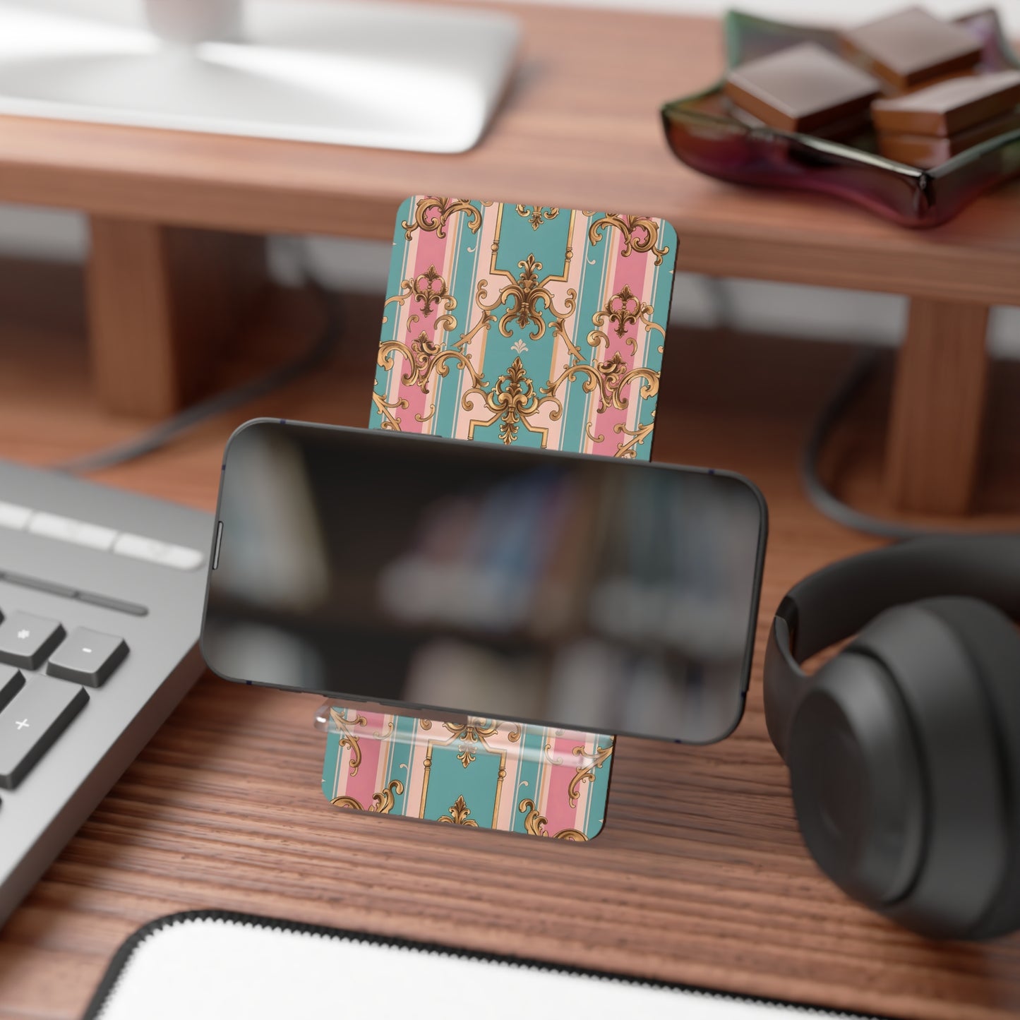 Elegant Smartphone Display Stand, Decorative Phone Holder Stand, Home Office Accessory - Pink & Matte Turquoise Striped Rococo