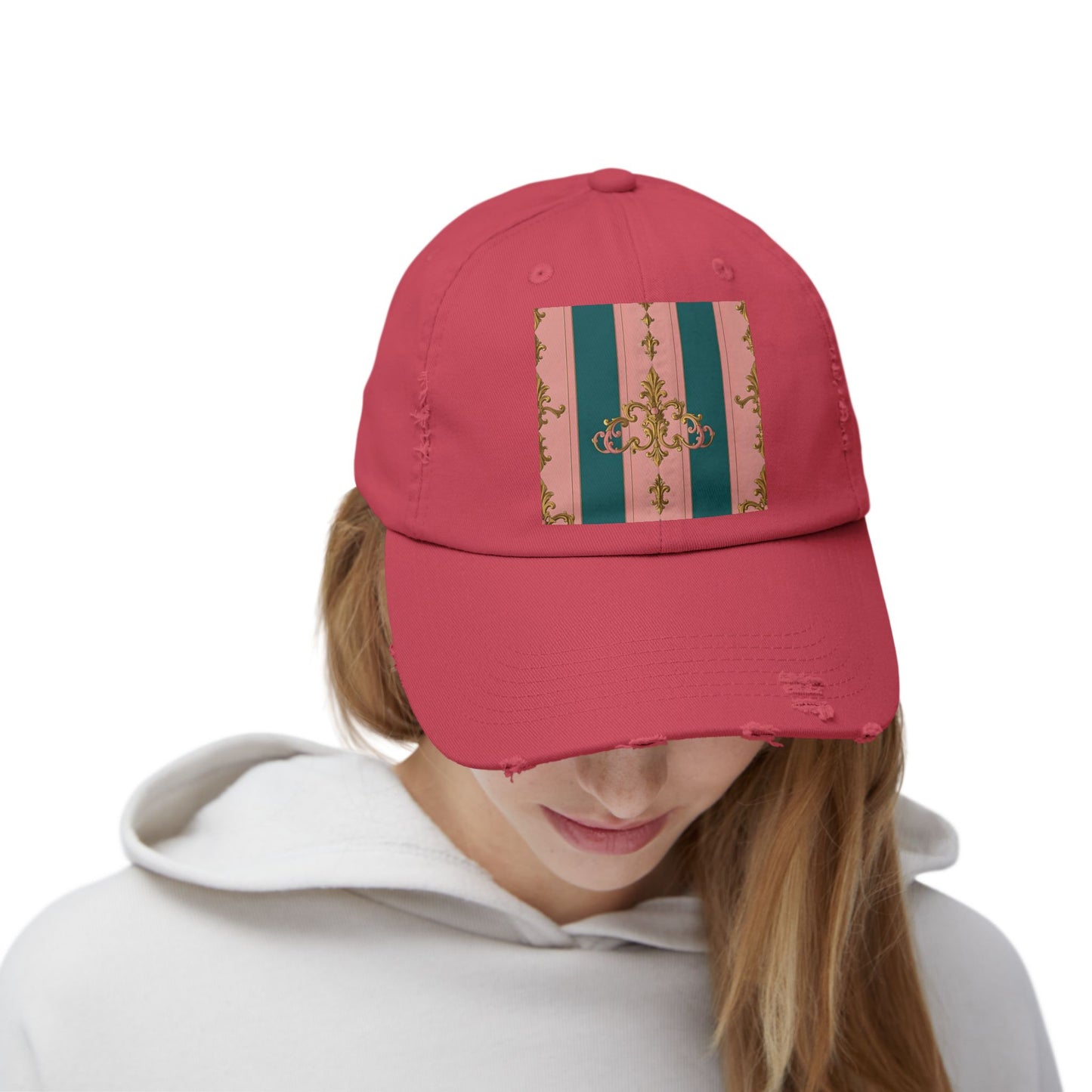 Chic Vintage Distressed Cap, Trendy Unisex Baseball Hat, Fashionable Everyday Wear - Pink & Teal Striped Gold Baroque