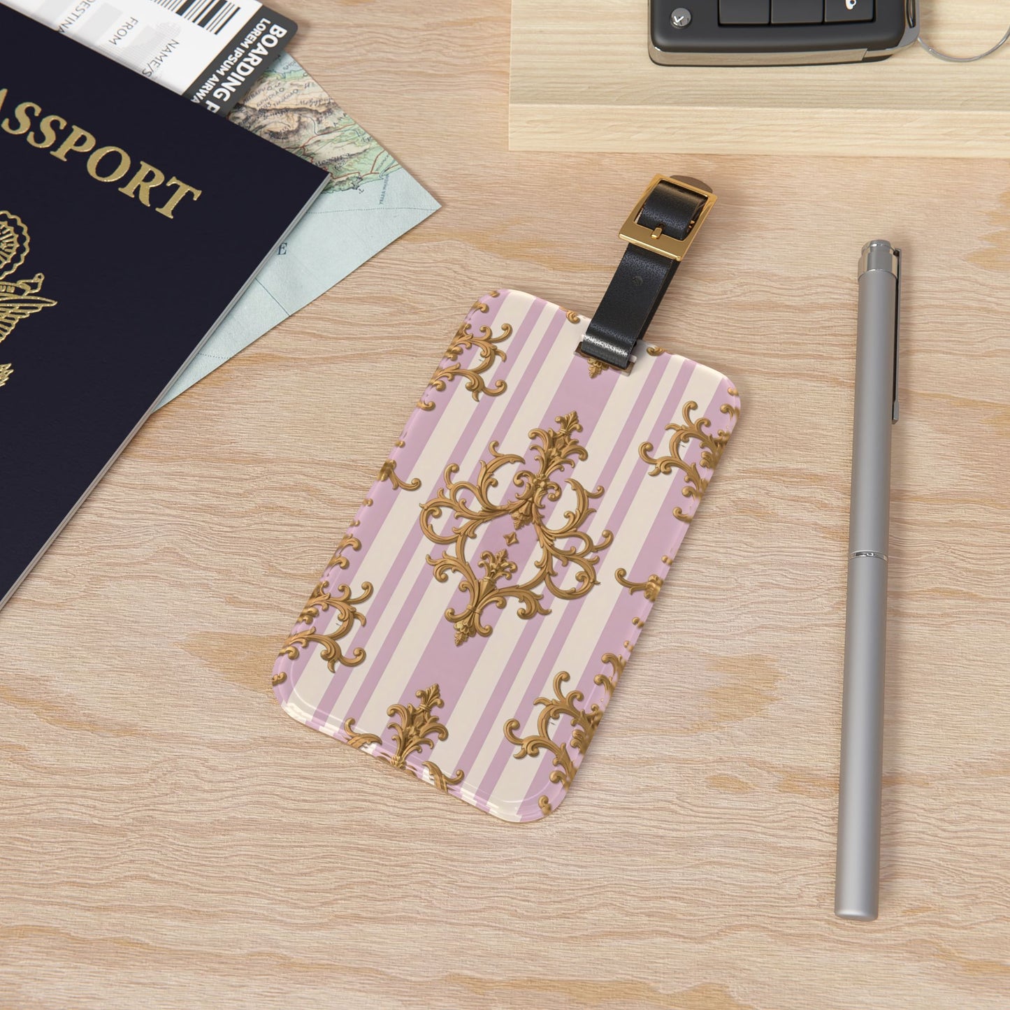 Elegant Vintage Luggage Tag, Travel Accessory for Jetsetters, Personalized Baggage Labels - Lilac & Alabaster Striped Gold Baroque