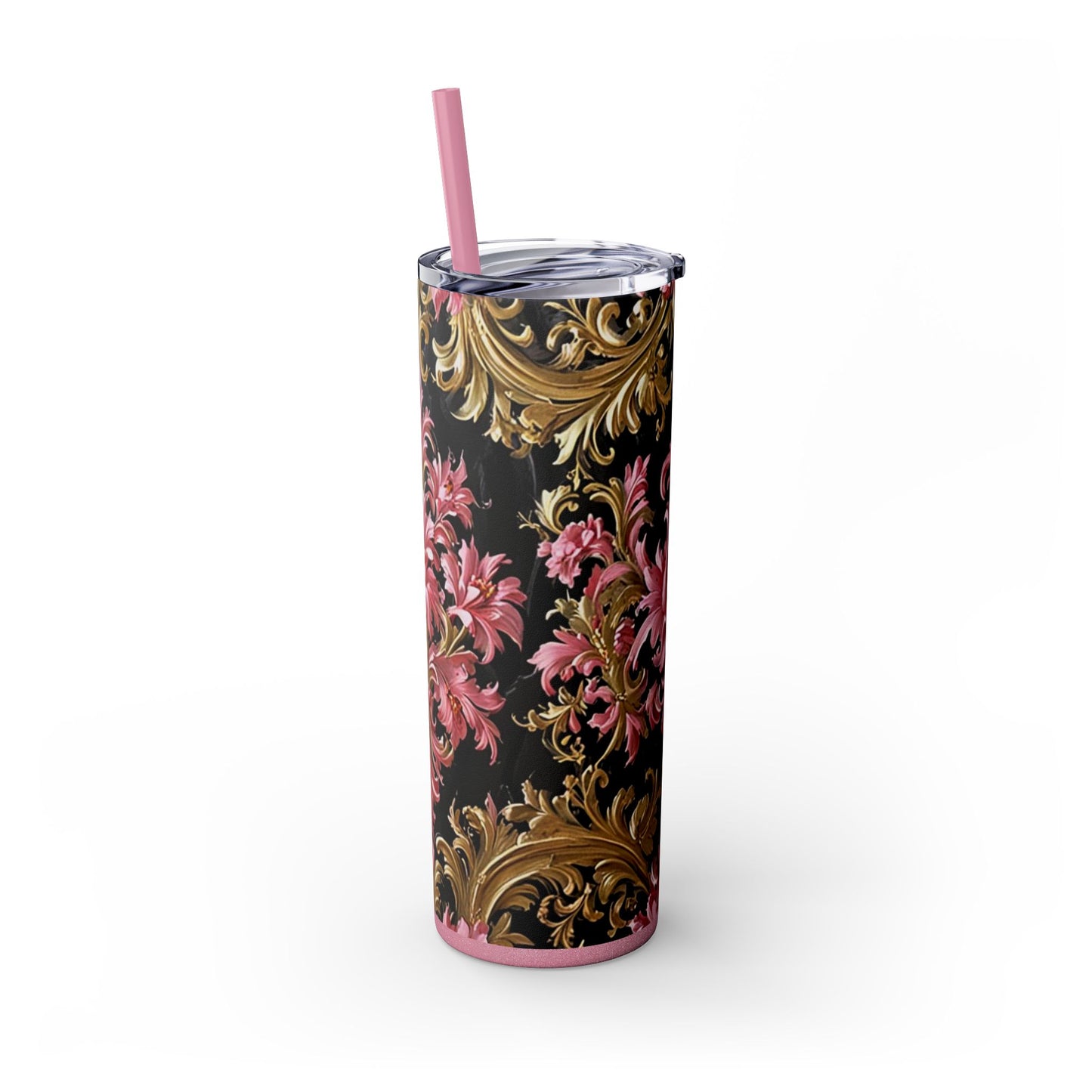 Chic Floral Skinny Tumbler with Straw, 20oz - Elegant Drinkware for Tea Lovers, Travel Mugs, Gifts for Her - Black & Pink Oil Painting Style Rococo