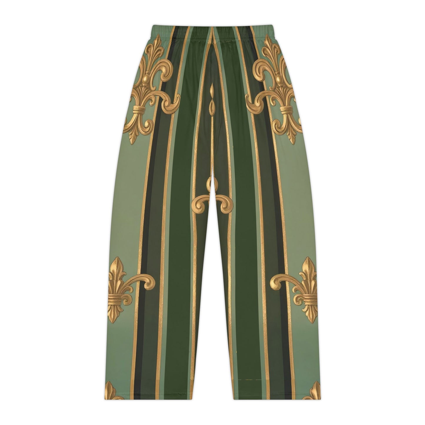 Elegant Women's Pajama Pants, Polyester Loungewear, Comfy Sleepwear, Holiday Gift for Her, Cozy Homewear - Green Striped Gold Baroque