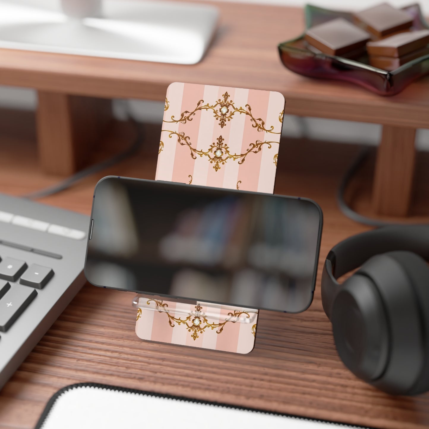 Elegant Pink Jeweled Smartphone Display Stand - Decorative Phone Holder for Home & Office