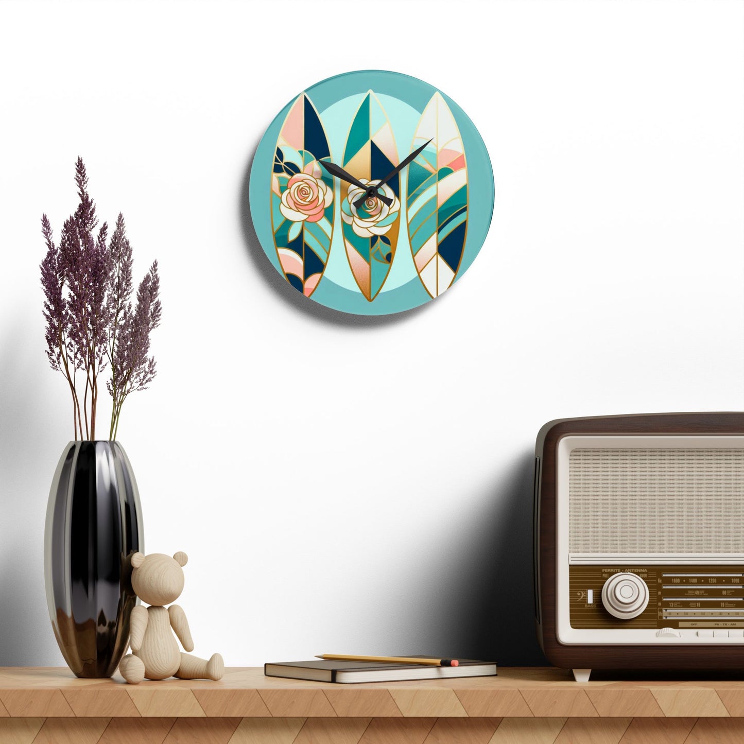 Bohemian Surf-Inspired Acrylic Wall Clock with Floral Design - Blue, Pink & Aqua Surfboard & Roses Design