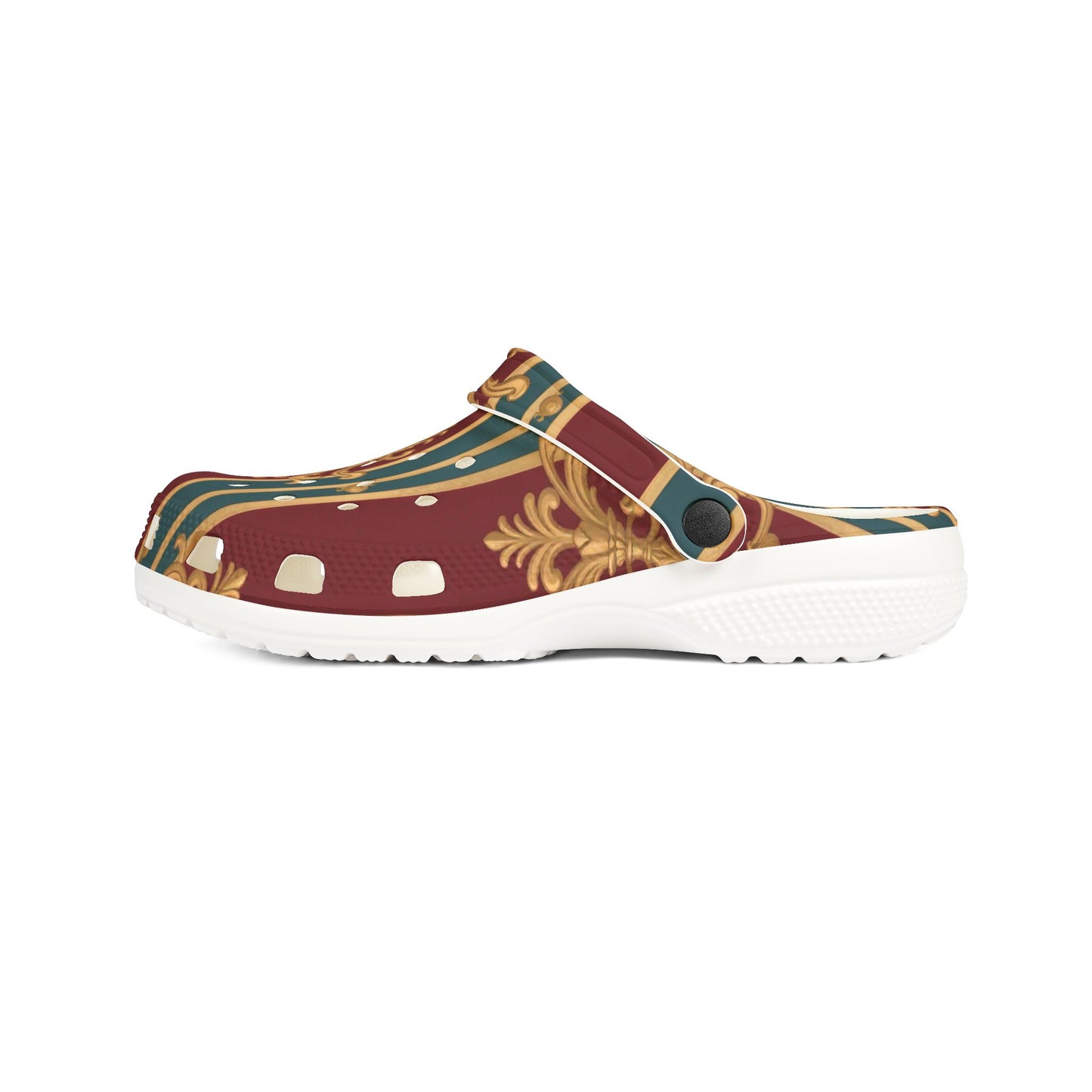 Stylish EVA Foam Slippers, Comfortable Home Footwear, Boho Slide-On Clogs for Relaxation, Gift for Her - Burgundy Striped Gold Baroque