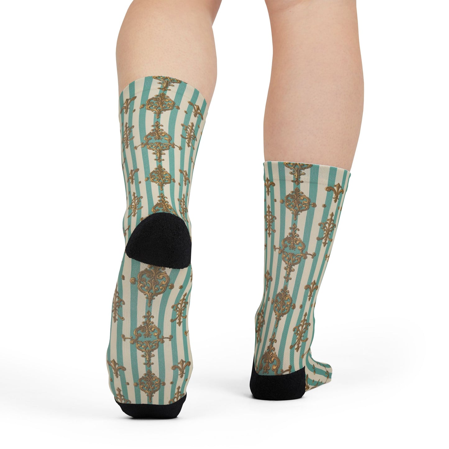 Chic Patterned Crew Socks for Trendy Fashion Lovers, Fun Gift for Birthdays, Stylish Accessory - Matte Green Striped Rococo