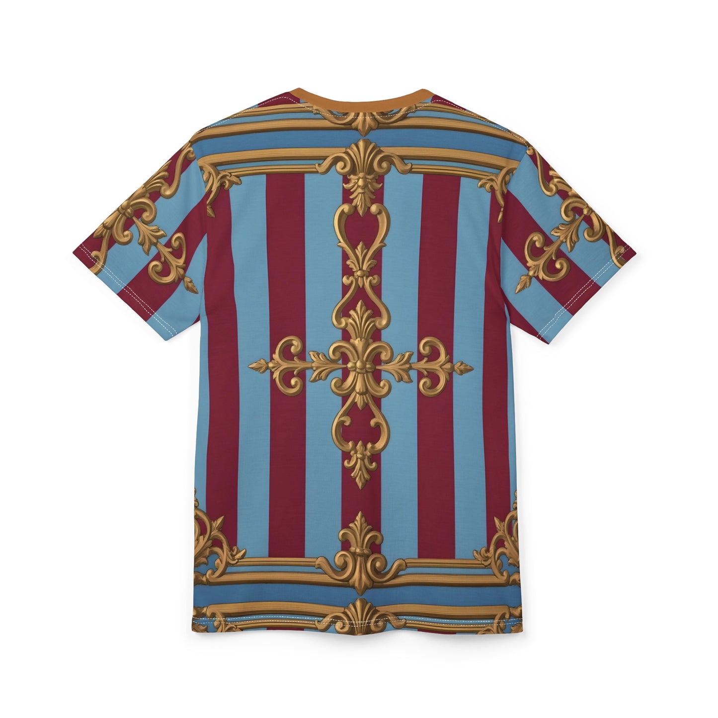 Vintage-Inspired Unisex Tee, Bold Graphic T-Shirt, Unique Casual Wear, Festival Outfit, Trendy Streetwear - Sky Blue & Maroon Striped Baroque