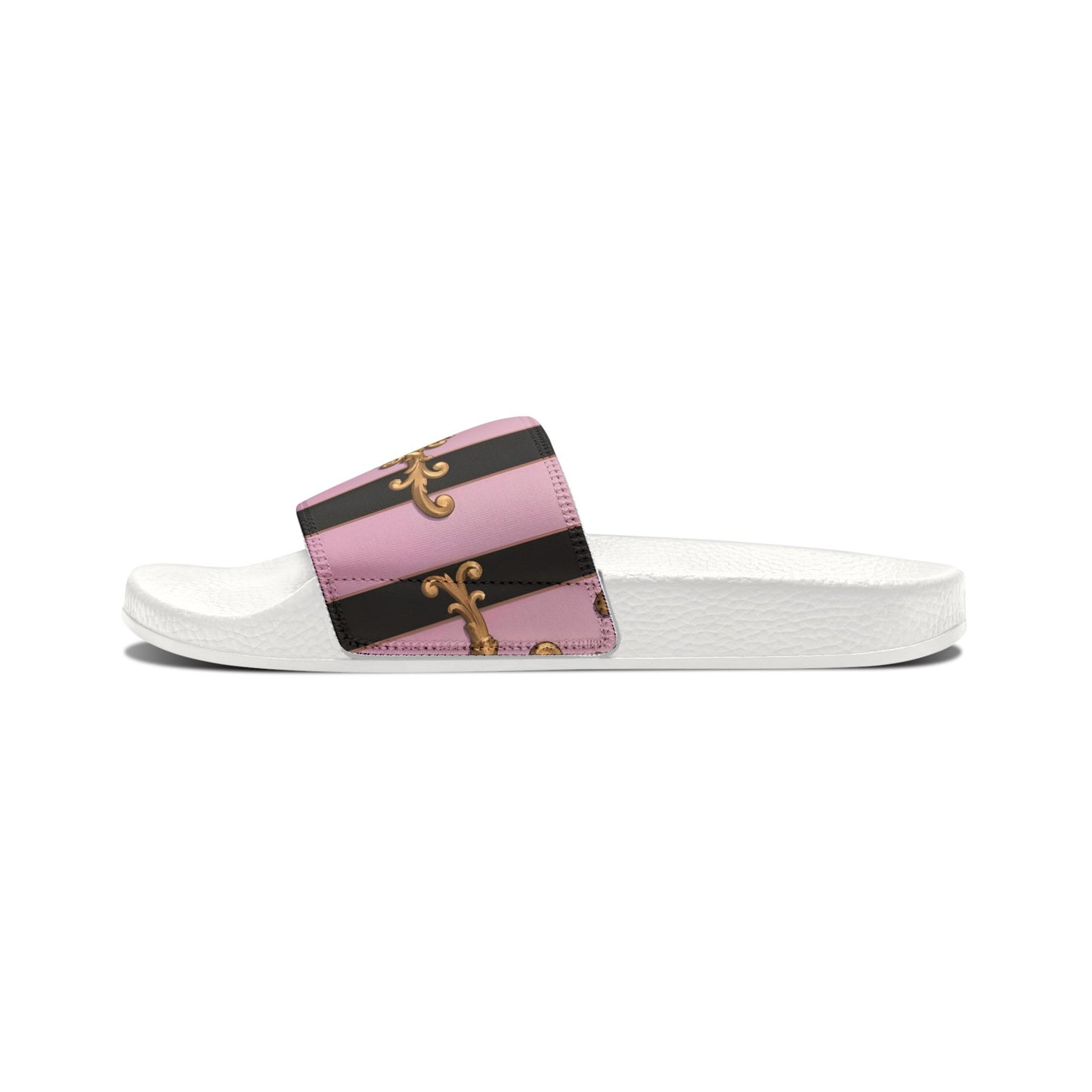 Chic Women's Slide Sandals, Stylish Summer Footwear, Beachwear, Poolside Chic, Vacation Essentials - Matte Lavender & Black Striped Gold Baroque