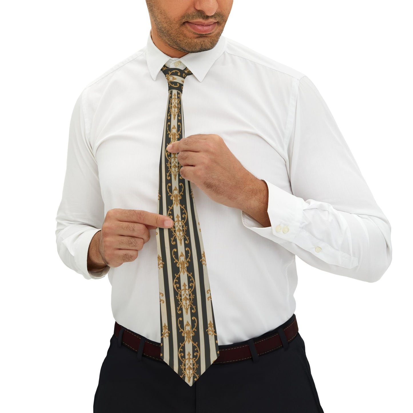 Elegant Black & Alabaster Striped Baroque Striped Necktie, Formal Accessories, Wedding Tie, Business Attire, Gift for Him, Stylish Neckwear