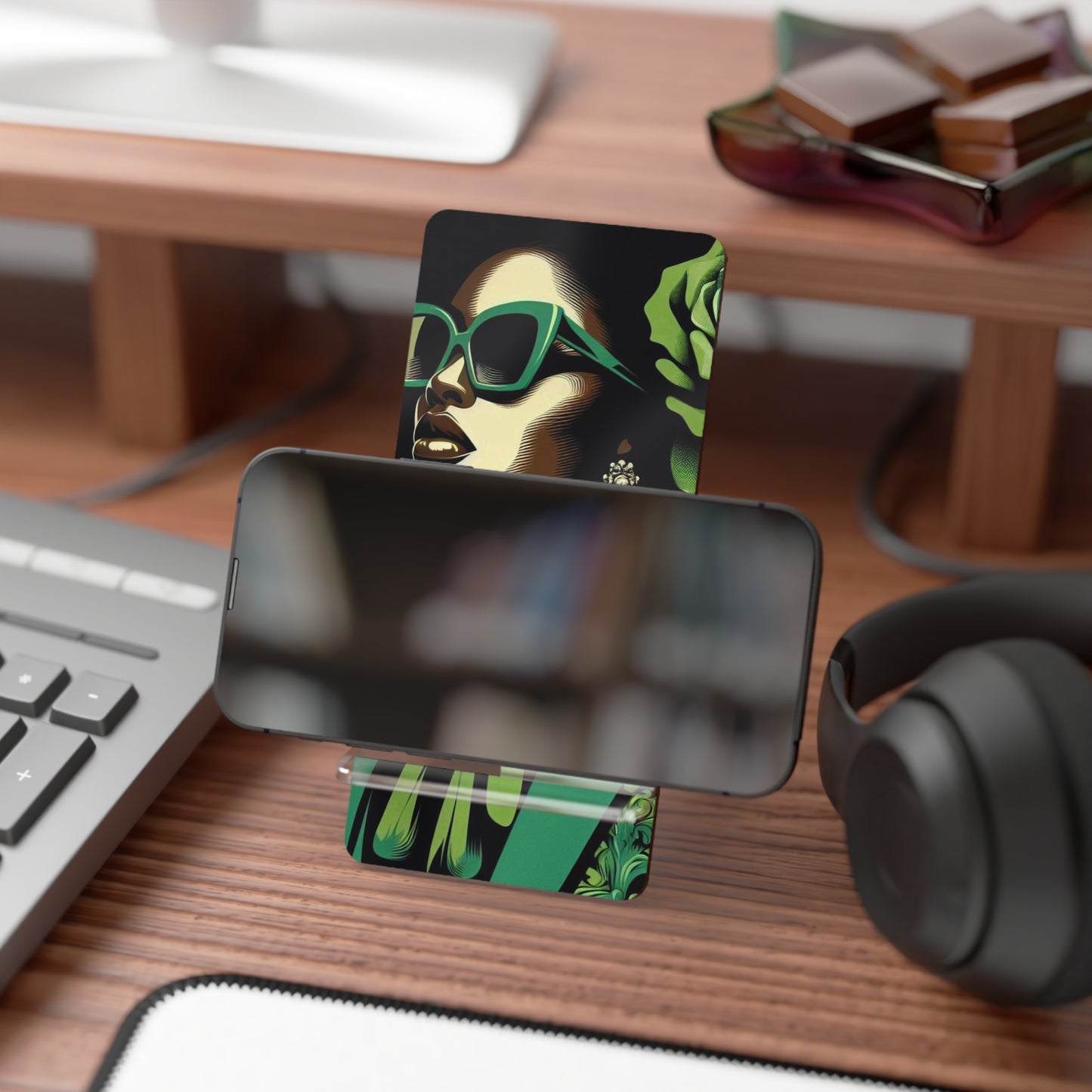 Chic Smartphone Display Stand, Stylish Phone Holder, Desk Accessory, Modern Decor, Gift for Her, Office Essentials - Lady in Green Damask