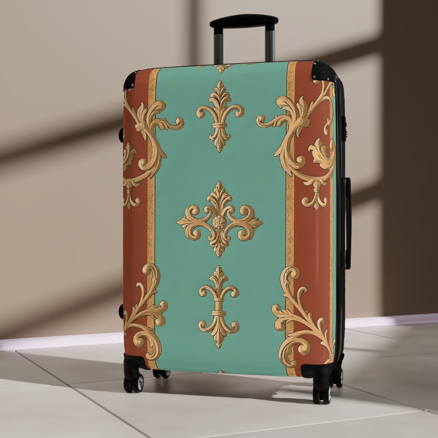 Elegant Travel Suitcase with Vintage Design - Rust & Mint Aqua Striped Baroque