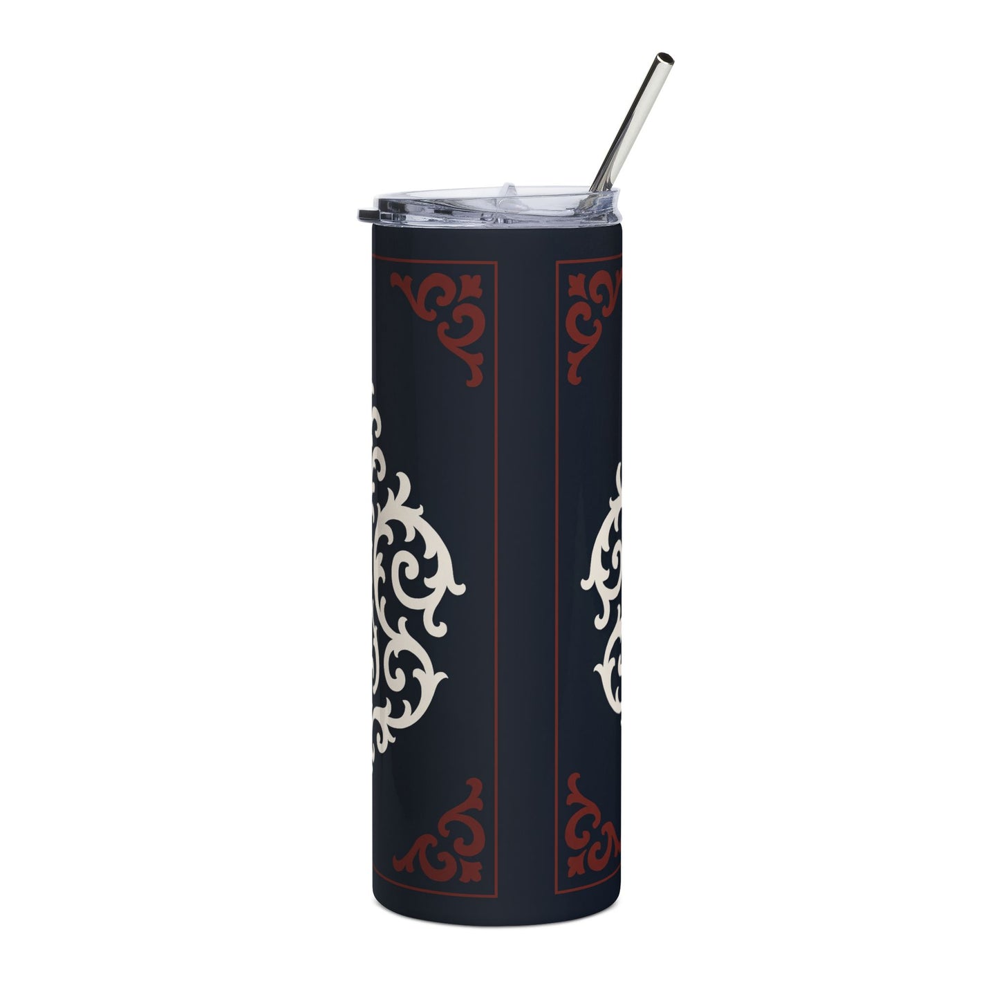 Dusk Blue-Maroon & White Baroque 20oz Stainless Tumbler — Elegant Baroque Dusk Blue & White Insulated Travel Cup