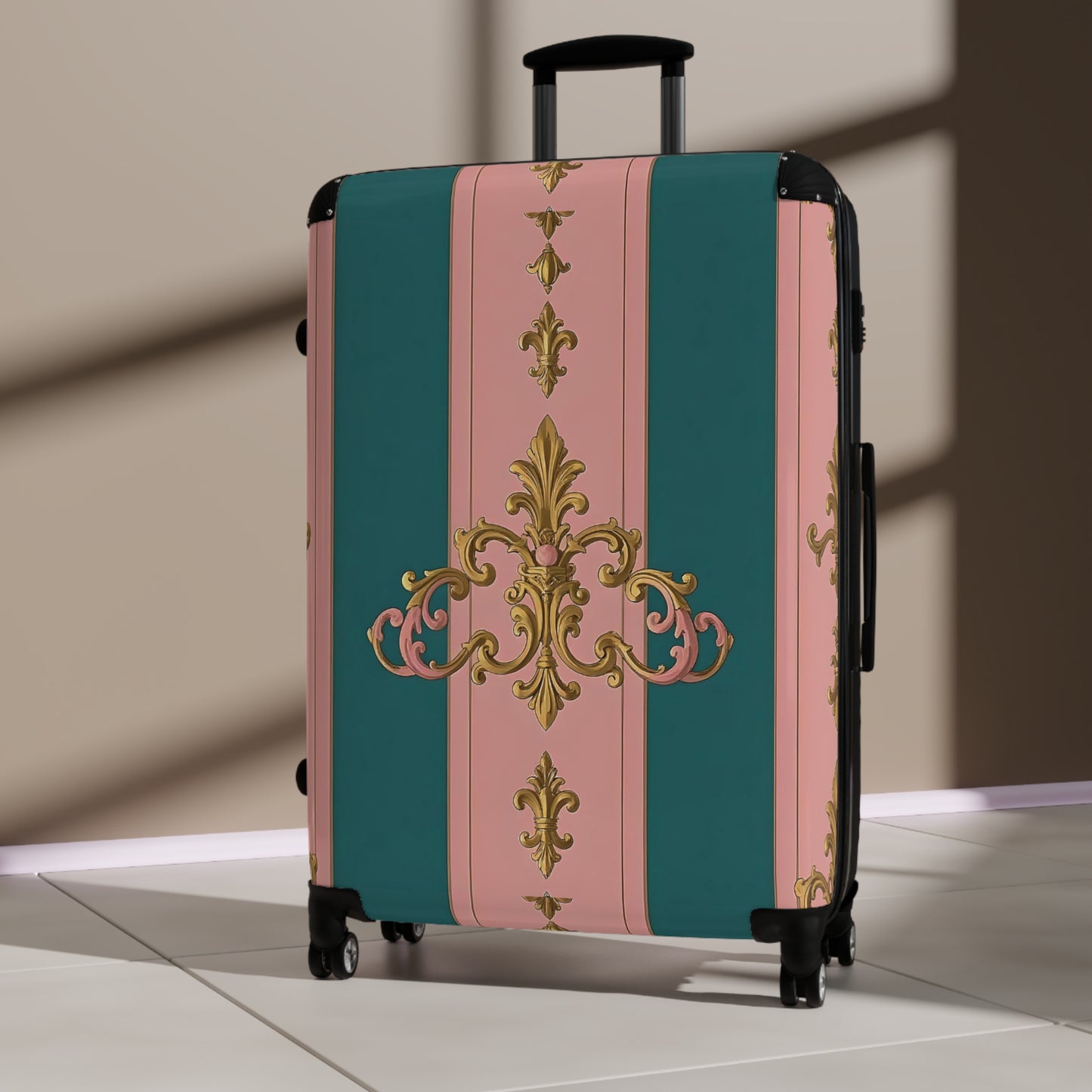 Chic Travel Suitcase, Elegant Luggage, Stylish Carry-On, Unique Glamour Bag, Trendy Vacation Case - Pink & Teal Striped Gold Baroque