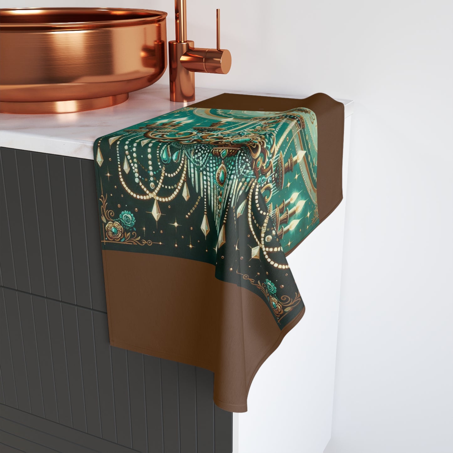 Chandelier Design Hand Towel, Elegant Kitchen Decor, Home & Living Gift, Artistic Bath Towel - Green & Gold Jeweled Chandelier