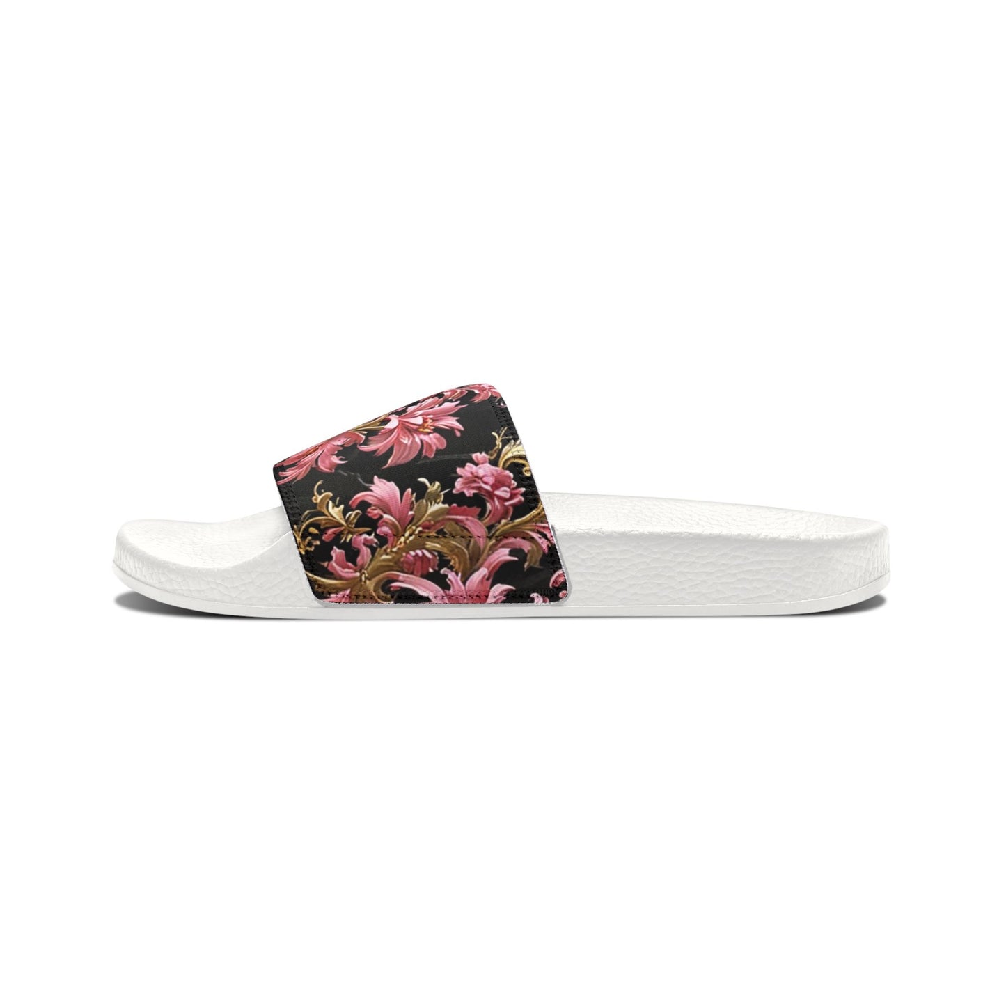 Floral Women's Sandals | Trendy Summer Footwear, Vacation Slip-Ons, Beach Sandals, Stylish Slip-Ons - Black & Pink Oil Painting Style Rococo