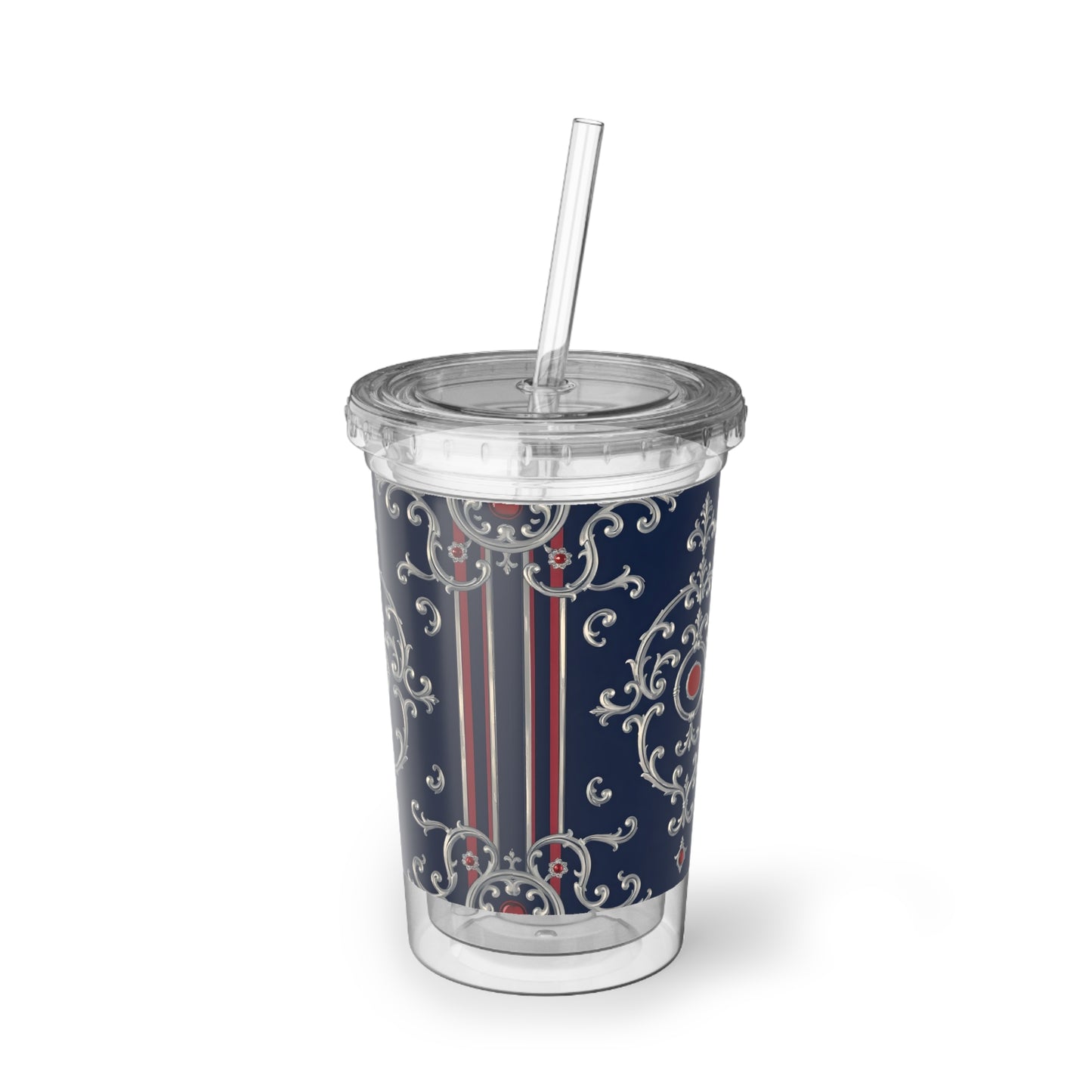 Elegant Insulated Tumbler, Suave Acrylic Cup, Stylish Drinkware for Home, Gifts for Her, Birthday, Party - Blue & Red Striped Silver Baroque