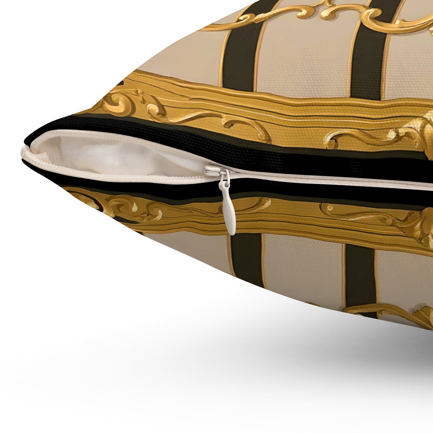 Elegant Neoclassical Square Pillow | Gold Accents, Home Decor, Gift for Him/Her, Luxury Cushion, Living Room Accent - Beige Striped Gold Rococo