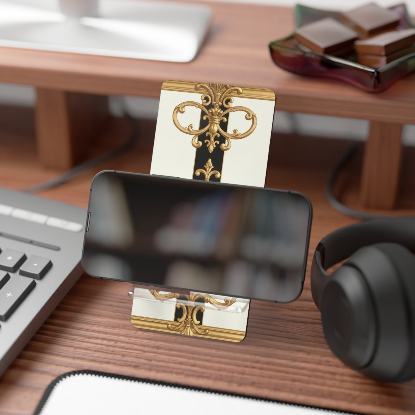 Elegant Smartphone Display Stand - Chic Desk Organizer, Unique Gift for Tech Lovers, Home Office Decor - Black & White Striped Gold Baroque