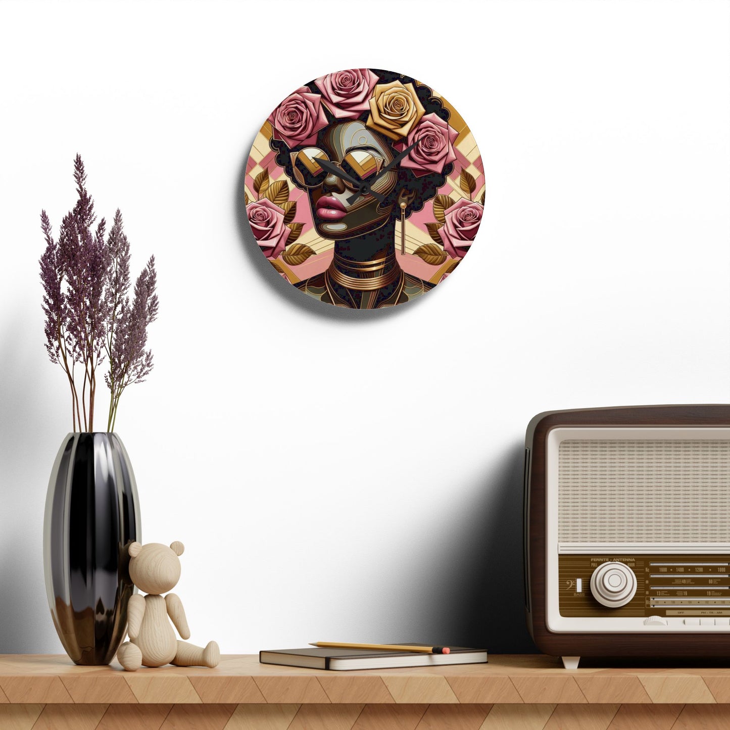 Elegant Afro Woman Acrylic Wall Clock with Floral Design, Boho Home Decor, Unique Wall Art, Gift for Her - Pink Roses Lady