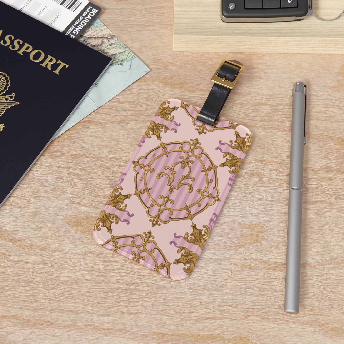 Elegant Vintage Lavender & Alabaster Striped Gold Baroque Luggage Tag, Travel ID Tag, Personalized Travel Accessory, Gift for Travelers