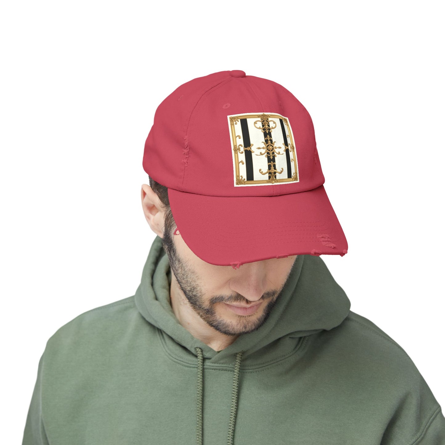 Stylish Distressed Cap with Unique Gold Design, Trendy Hat, Casual Wear, Gift for Him/Her - Black & White Striped Gold Baroque