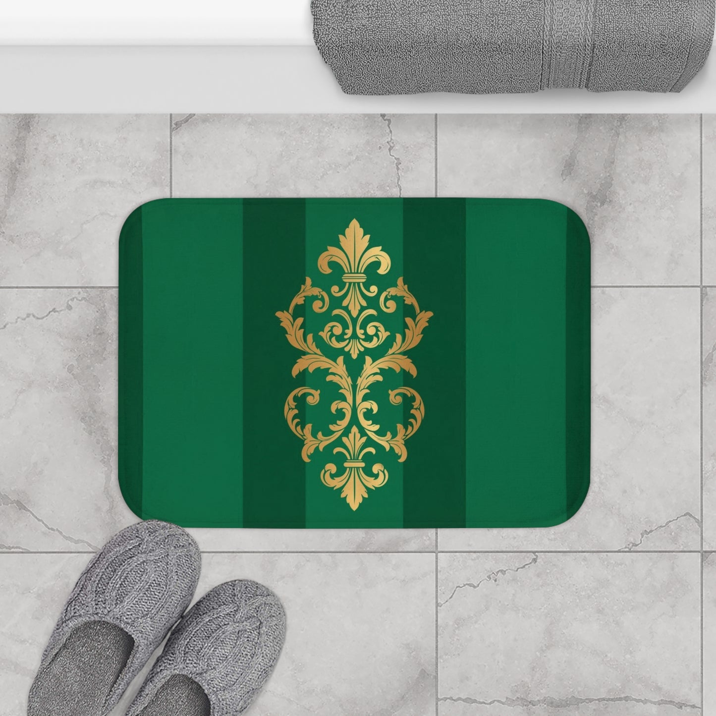 Green Striped Gold Baroque Bath Mat — Luxe Decorative Bathroom Rug