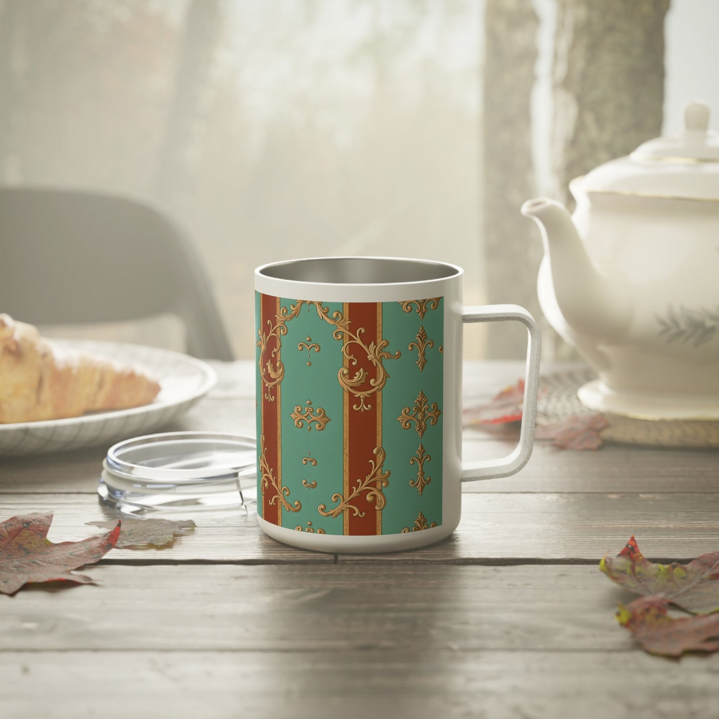 Elegant Vintage Insulated Coffee Mug - 10oz Ornate Design - Rust & Mint Aqua Striped Baroque