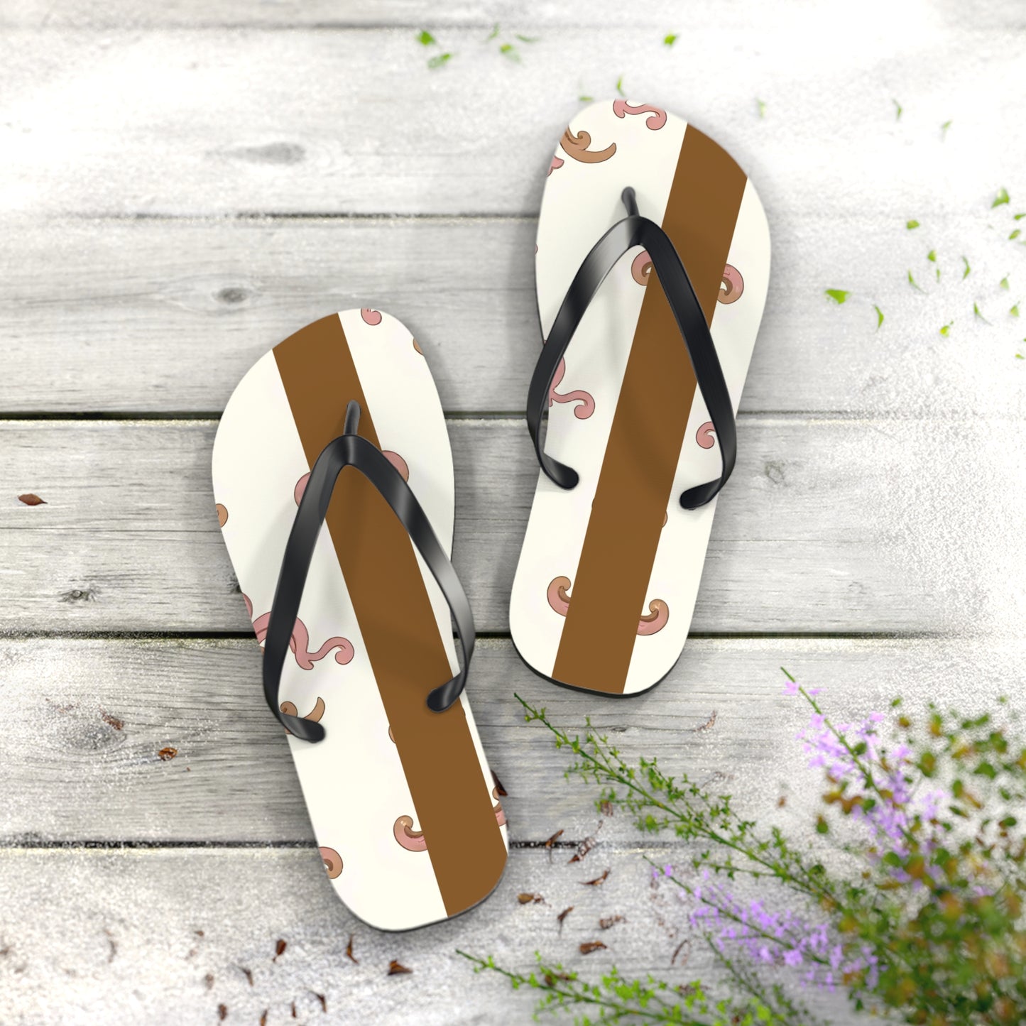 Stylish Flip Flops - Summer Footwear, Beach Ready, Vacation Essentials, Casual Sandals, Gift for Her - Brown Striped Pink Arabesque