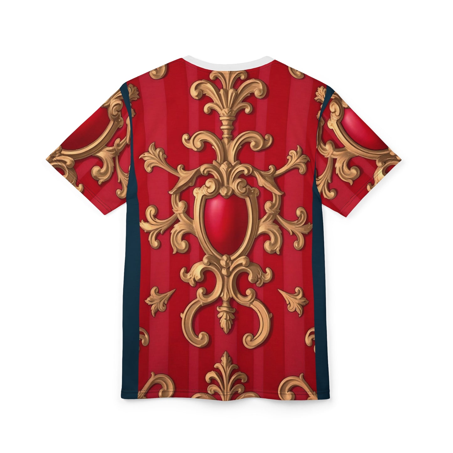 Elegant Baroque Pattern Unisex Tee, Luxurious Graphic T-Shirt, Statement Shirt, Unique Gift - Blue, Red & White Striped Baroque