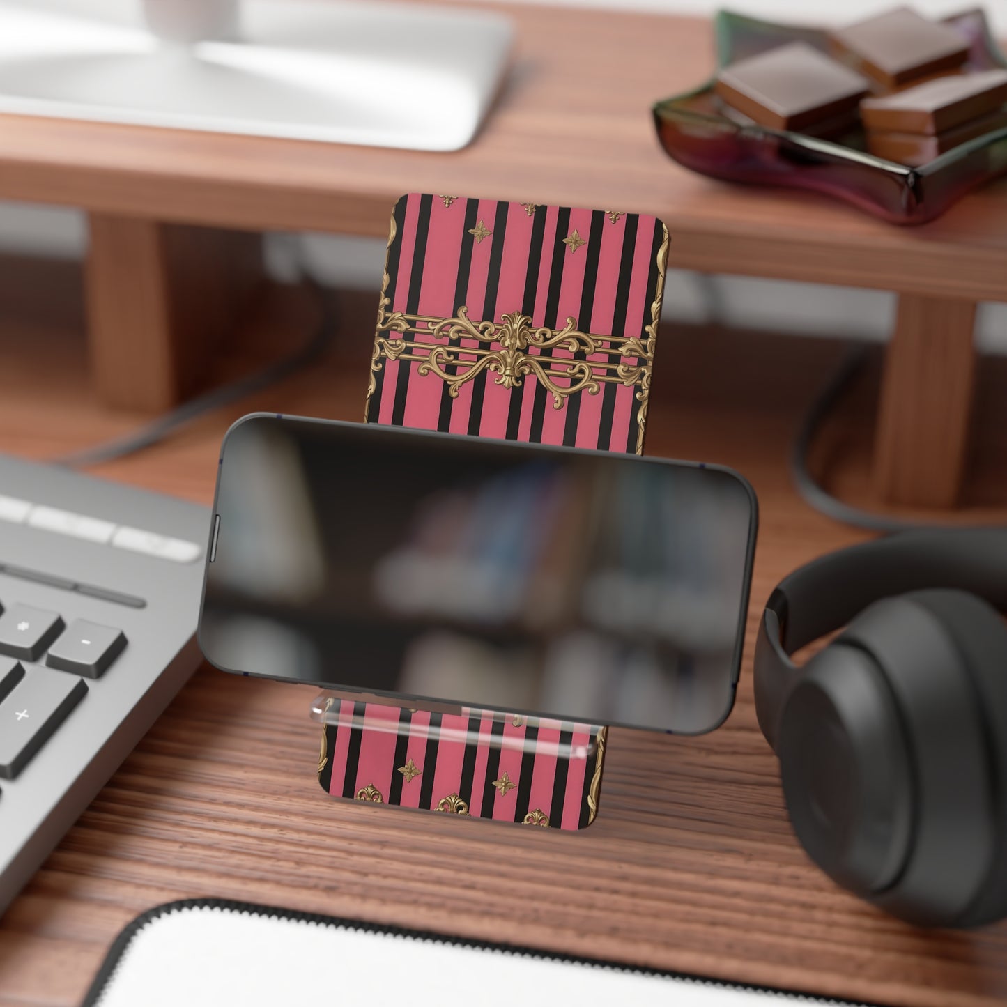 Elegant Mobile Display Stand for Smartphones, Stylish Phone Holder, Office Desk Accessories, Gift for Her - Pink Striped Gold Rococo