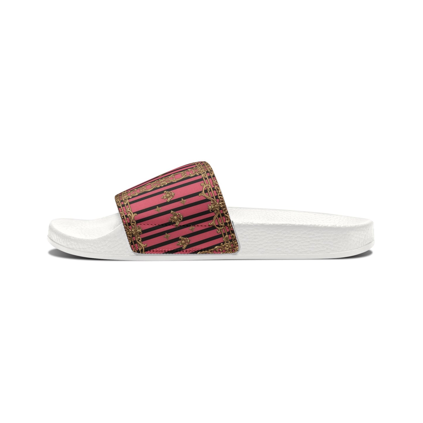 Chic Women's Removable-Strap Sandals - Stylish Summer Footwear, Casual Pool Slides, Vacation Ready - Pink Striped Gold Rococo