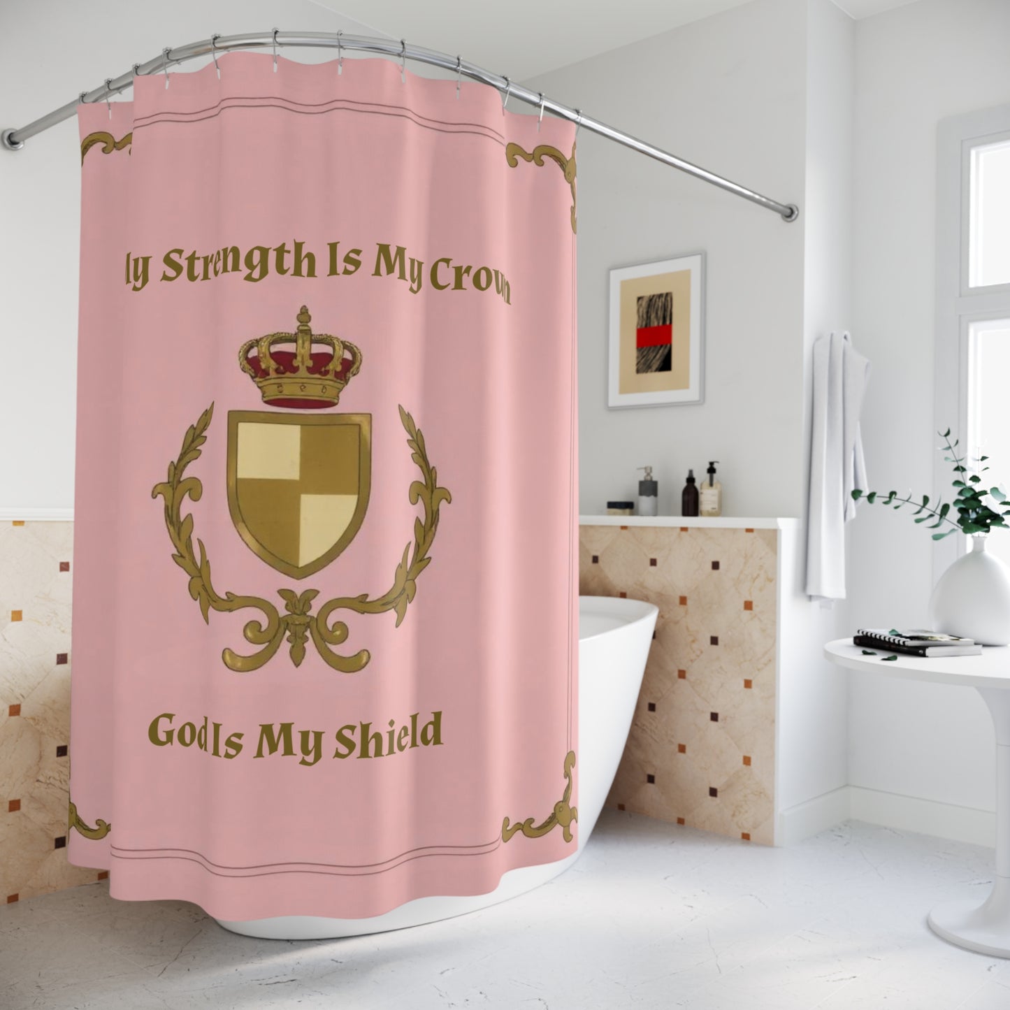 Crown & Crest Spiritual Quote Shower Curtain, Elegant Bathroom Decor, Faith-based Gift, Home Blessings, Self-Care Essentials