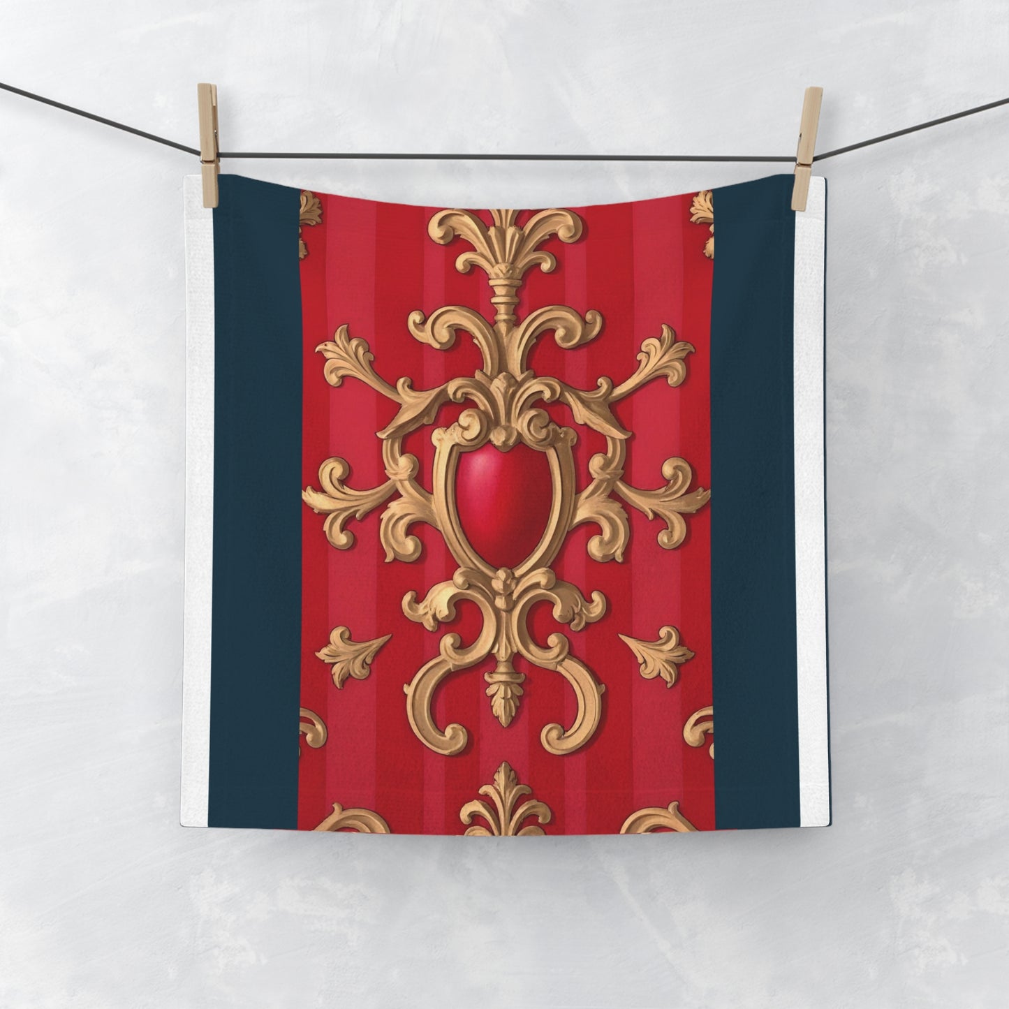 Elegant Red Ornate Face Towel, Luxurious Washcloth, Spa Gift, Bathroom Décor, Home Essentials, Decorative Towel - Blue, Red & White Striped Baroque