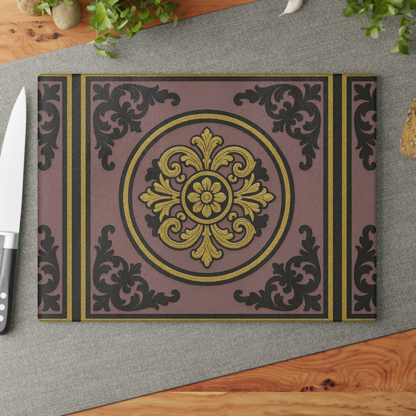 Elegant Gilded Mauve With Gold-Black Baroque Glass Cutting Board - Kitchen Decor, Wedding Gift, Housewarming, Culinary Art, Home Cooking