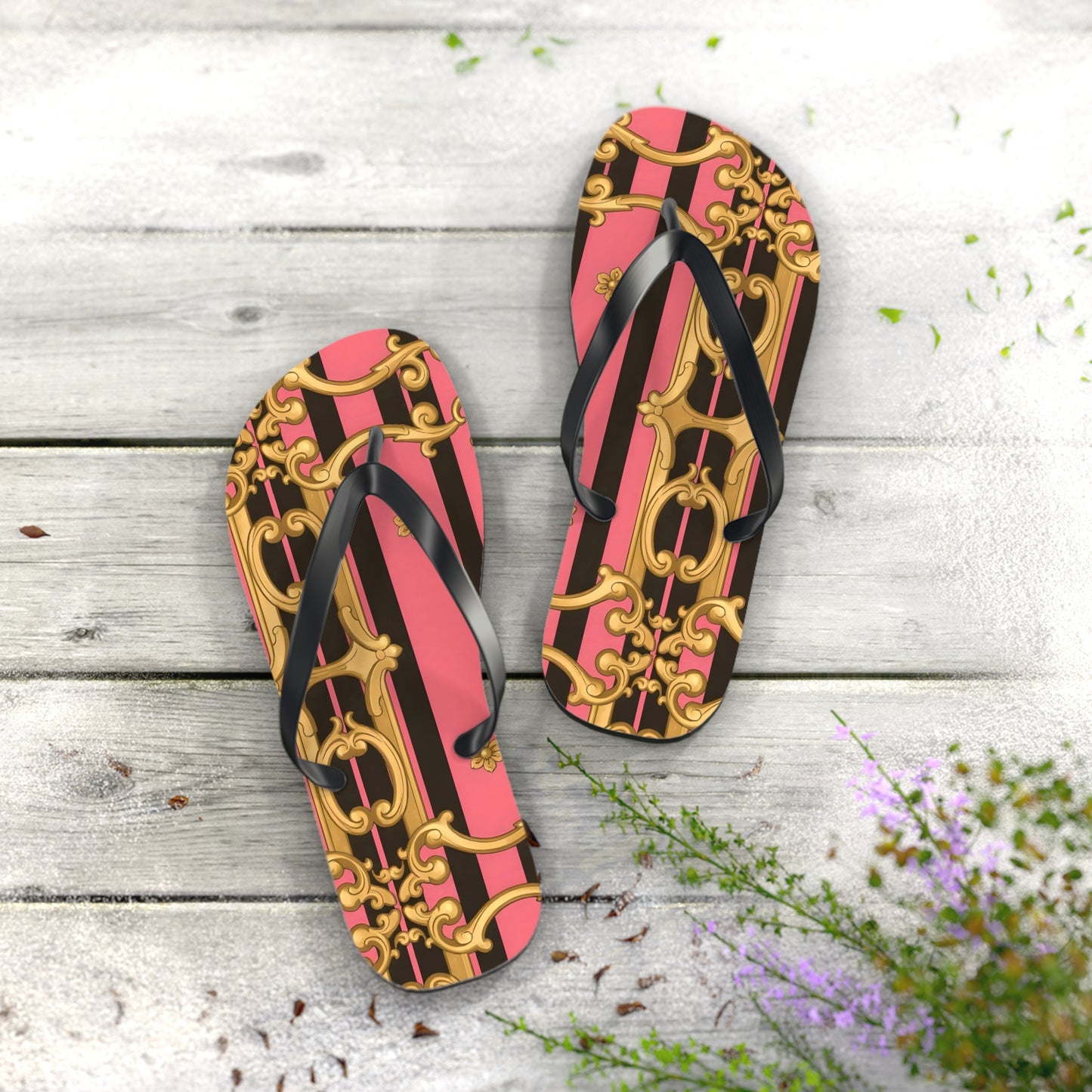 Chic Patterned Flip Flops - Stylish Summer Sandals, Beach Footwear, Pool Slides, Vacation Essentials, Gift for Her - Pink & Black Striped Gold Baroque