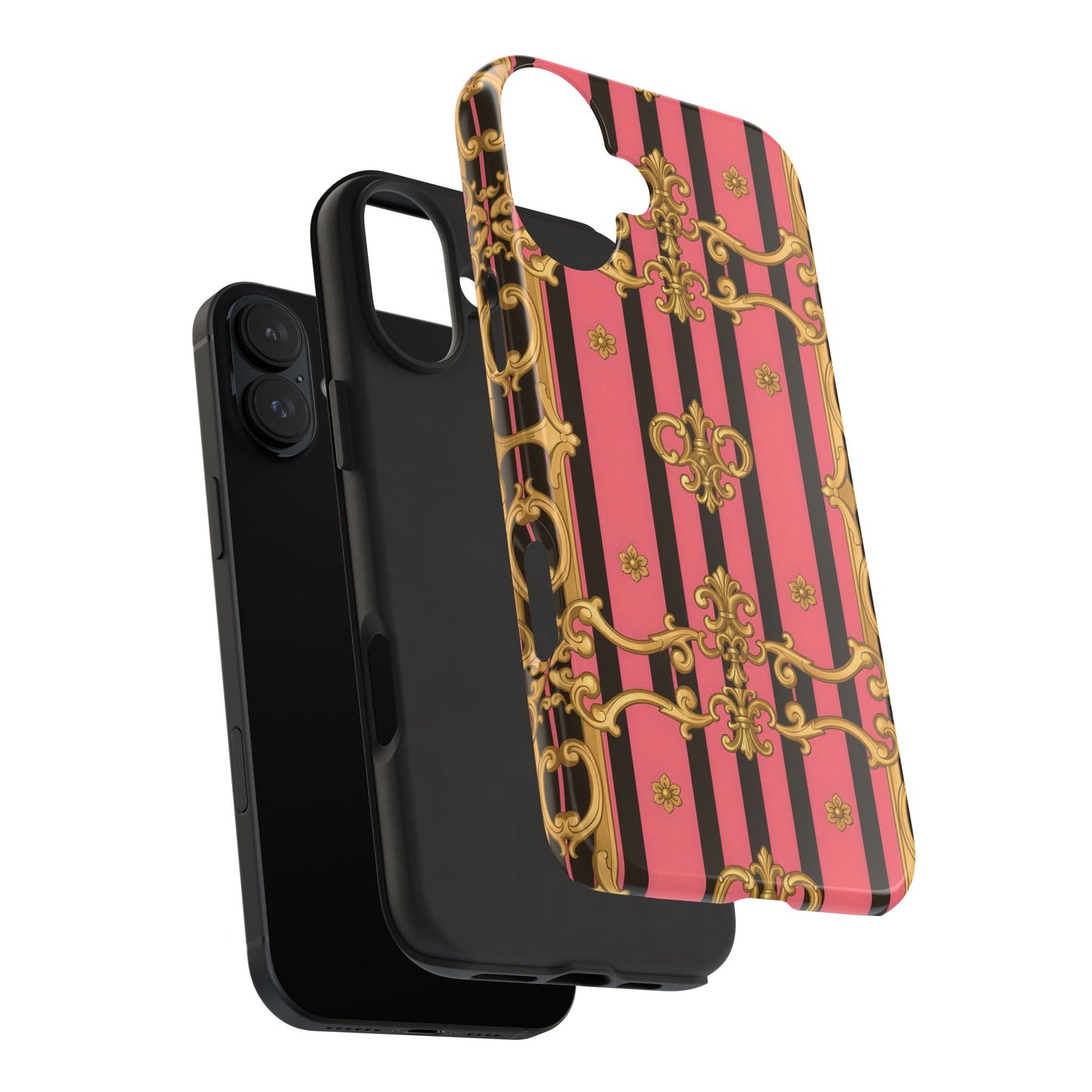 Elegant Baroque Tough Phone Cases, Stylish Protection, Gift for Her, Trendy Accessory - Pink & Black Striped Gold Baroque