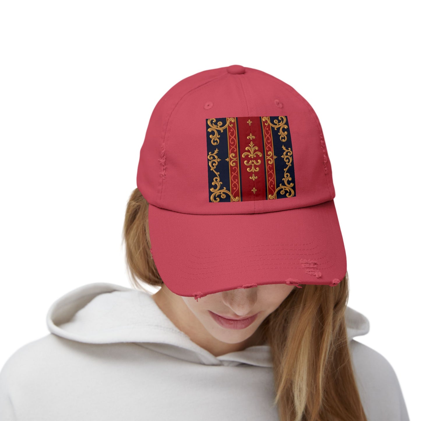 Vintage-Inspired Distressed Cap, Stylish Hat, Perfect Gift for Friends, Fashion Accessory, Unisex Headwear - Midnight Blue & Dusk Red Gold Baroque