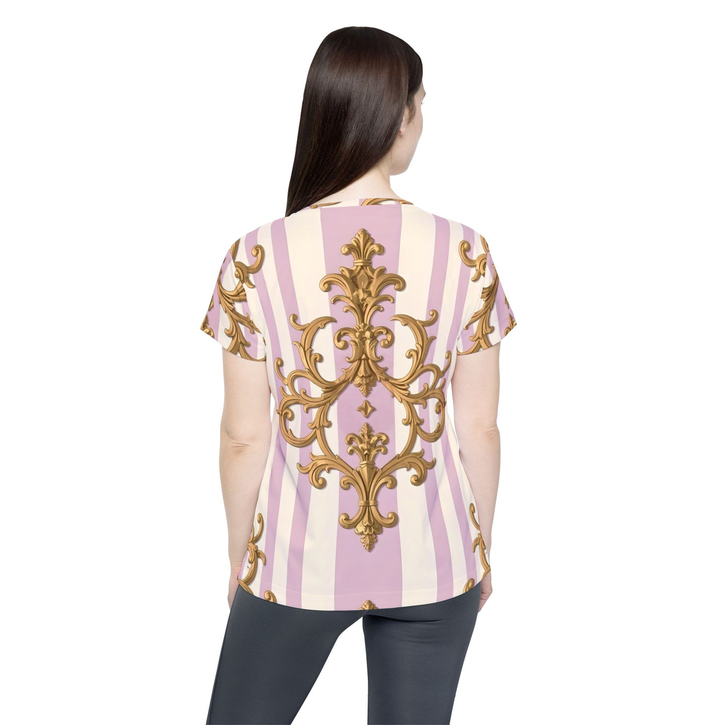 Elegant Women's Sports Jersey, Stylish AOP Tee for Fitness, Casual Wear, Trendy Workout Top - Lilac & Alabaster Striped Gold Baroque