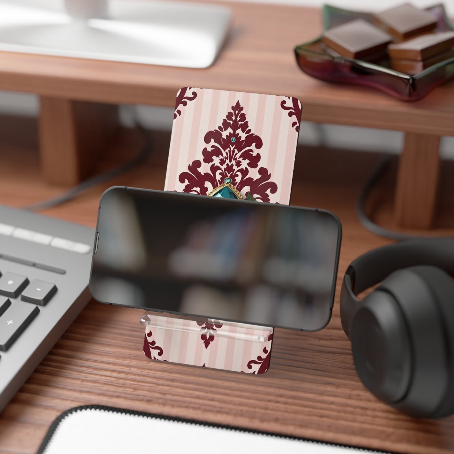 Elegant Floral Smartphone Display Stand - Striped Pink & Burgundy Damask - Decorative Mobile Holder
