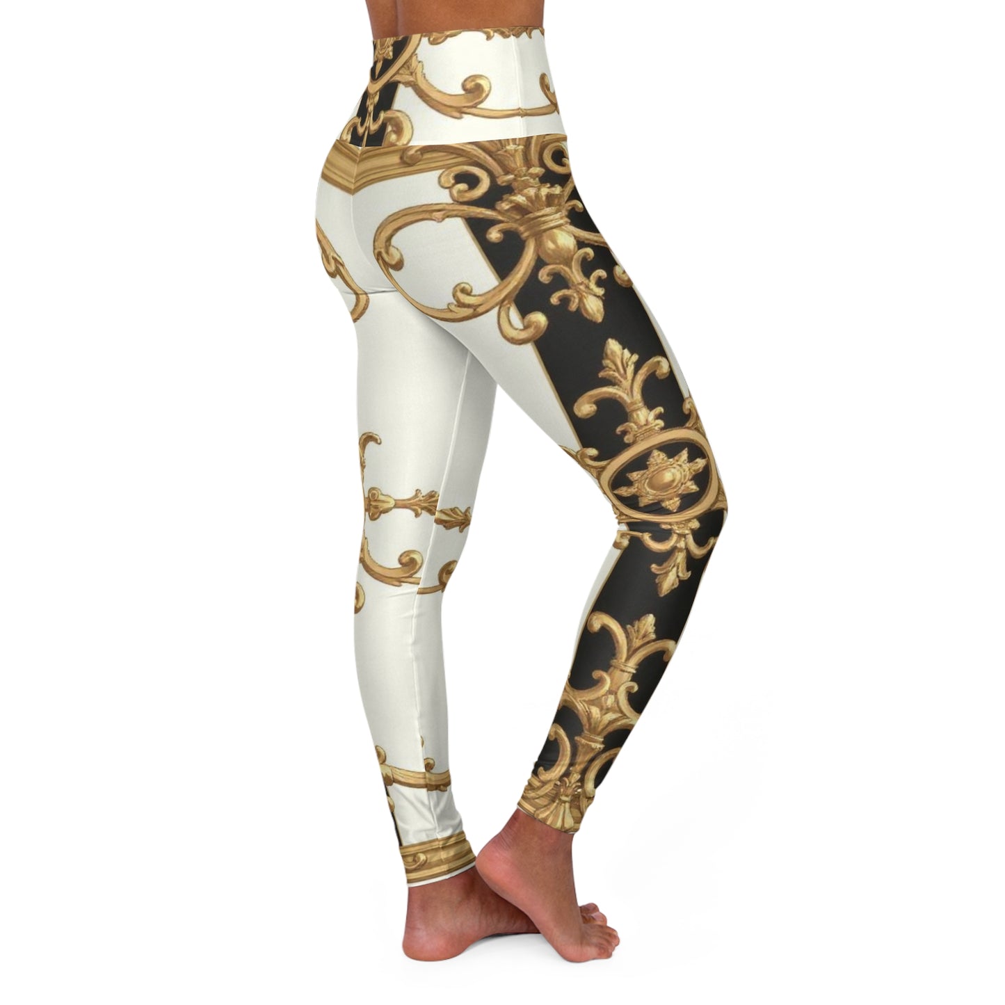 Elegant High Waisted Yoga Leggings - Stylish Activewear for Fitness, Dancing, and Casual Outings - Black & White Striped Gold Baroque