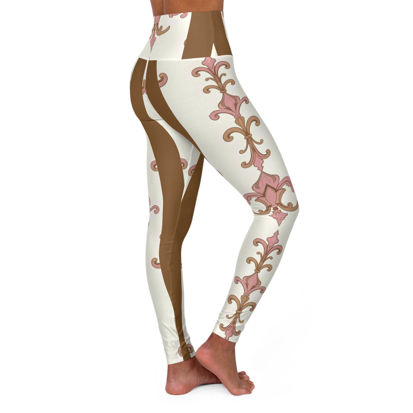 Chic High Waisted Yoga Leggings - Comfortable, Stylish Activewear for Fitness, Loungewear, Yoga - Brown Striped Pink Arabesque